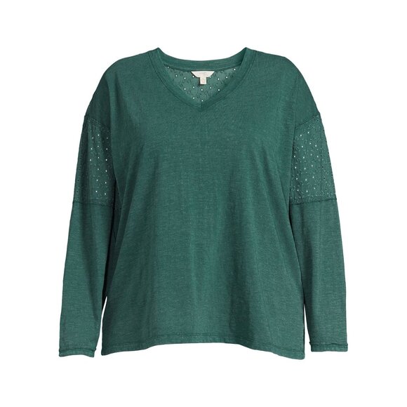 Terra & Sky Women's Plus Size 1X Mixed Media V-Neck Eyelet Top NEW WITH TAGS! - Picture 1 of 2